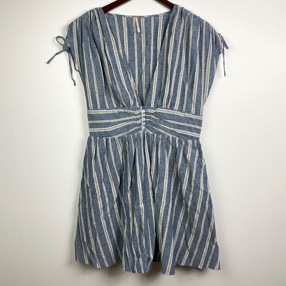 Free People Roll The Dice Mini Dress Linen Blend in Blue Size Medium - Picture 3 of 9